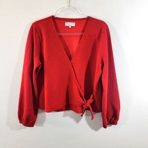 MADEWELL Texture & Thread red crepe wrap front tie long sleeve blouse
